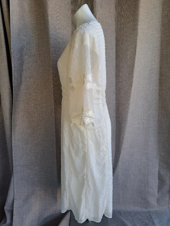 Polagram Ivory Swiss Dot Modest Midi Dress Lace Sleeves V-Neck Size L - Picture 8 of 16